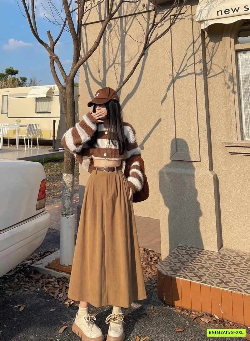 CHÂN VÁY KAKI NHUNG DÁNG DÀI KÈM THẮT LƯNG