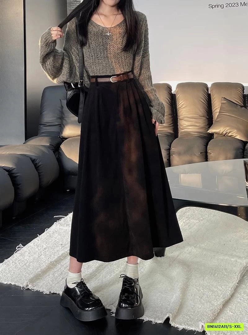 CHÂN VÁY KAKI NHUNG DÁNG DÀI KÈM THẮT LƯNG