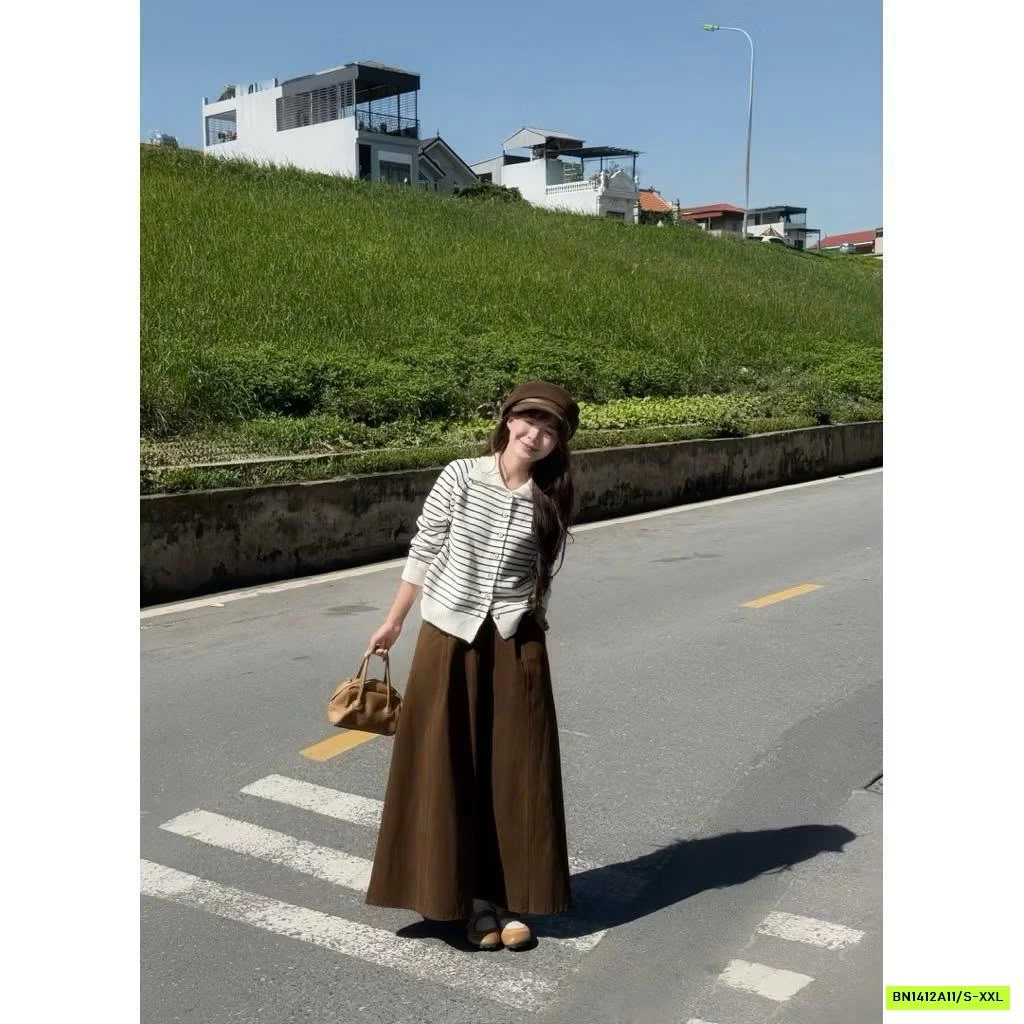 CHÂN VÁY KAKI NHUNG DÁNG DÀI KÈM THẮT LƯNG