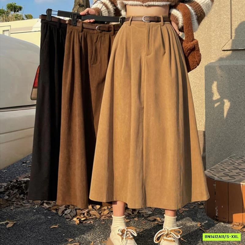 CHÂN VÁY KAKI NHUNG DÁNG DÀI KÈM THẮT LƯNG