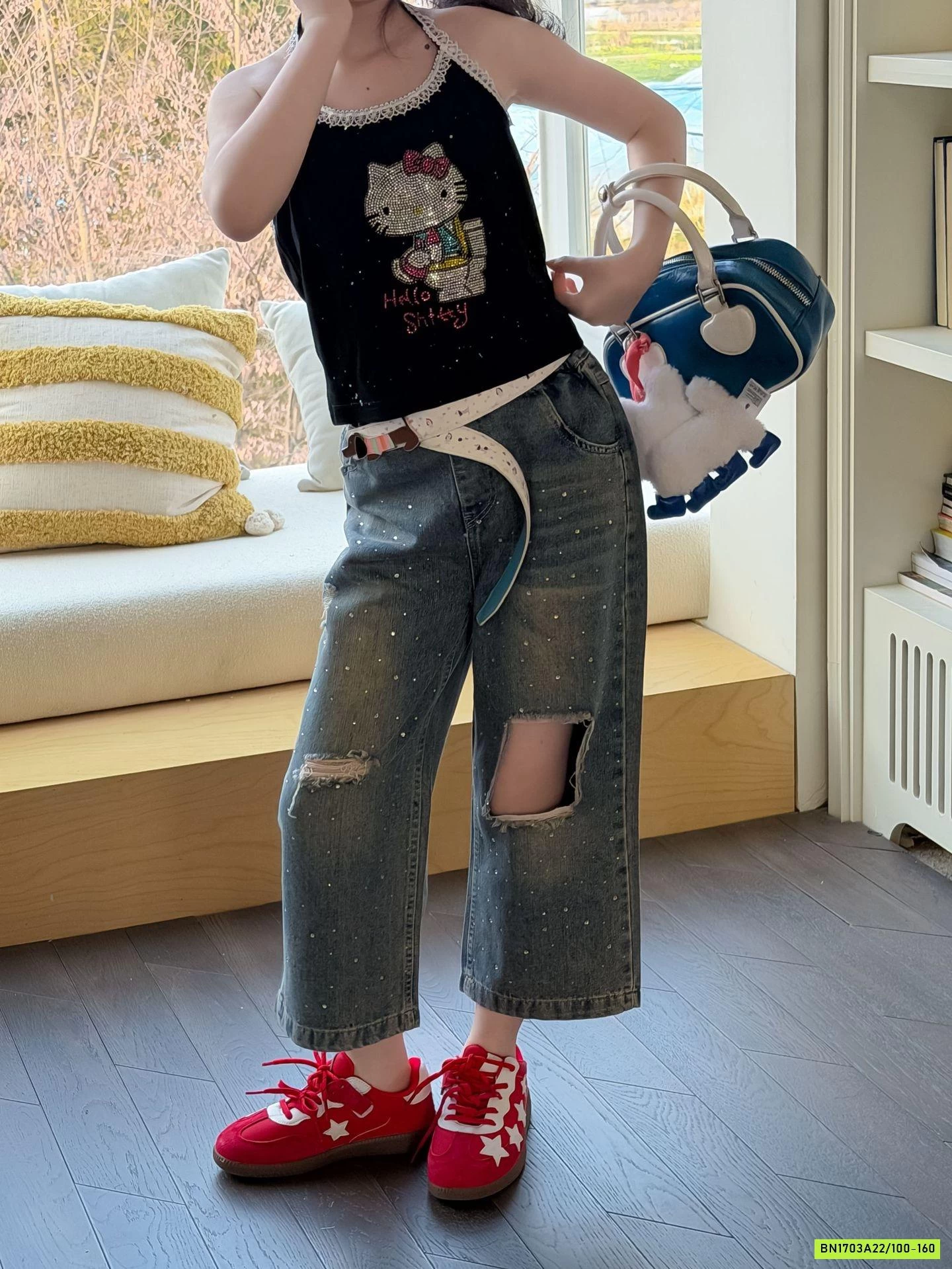 ÁO 2S KITTY MIX JEANS LỠ ĐÍNH ĐÁ