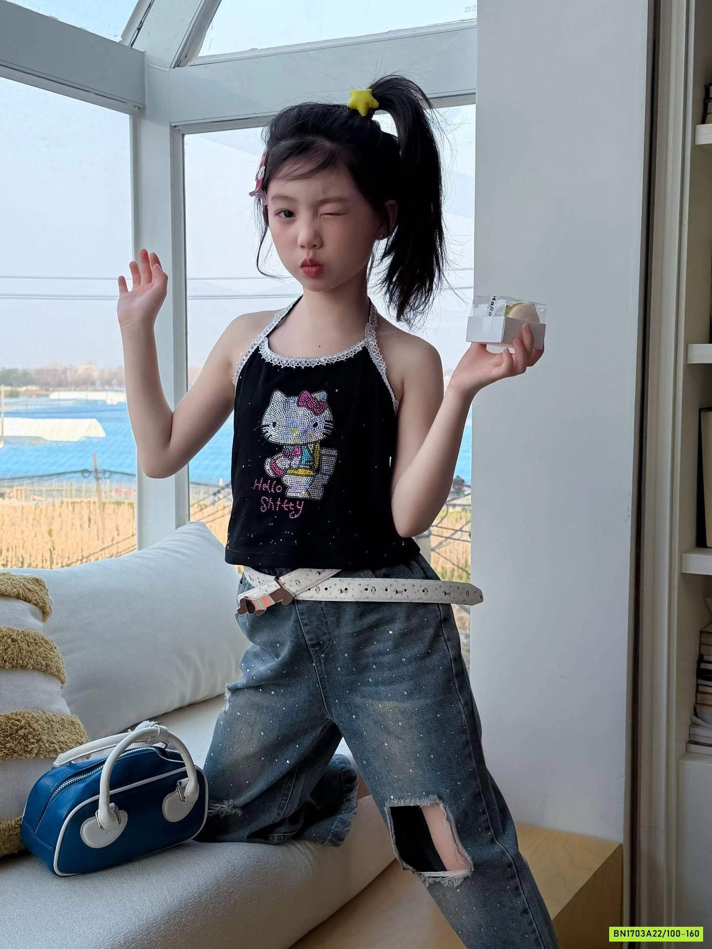 ÁO 2S KITTY MIX JEANS LỠ ĐÍNH ĐÁ