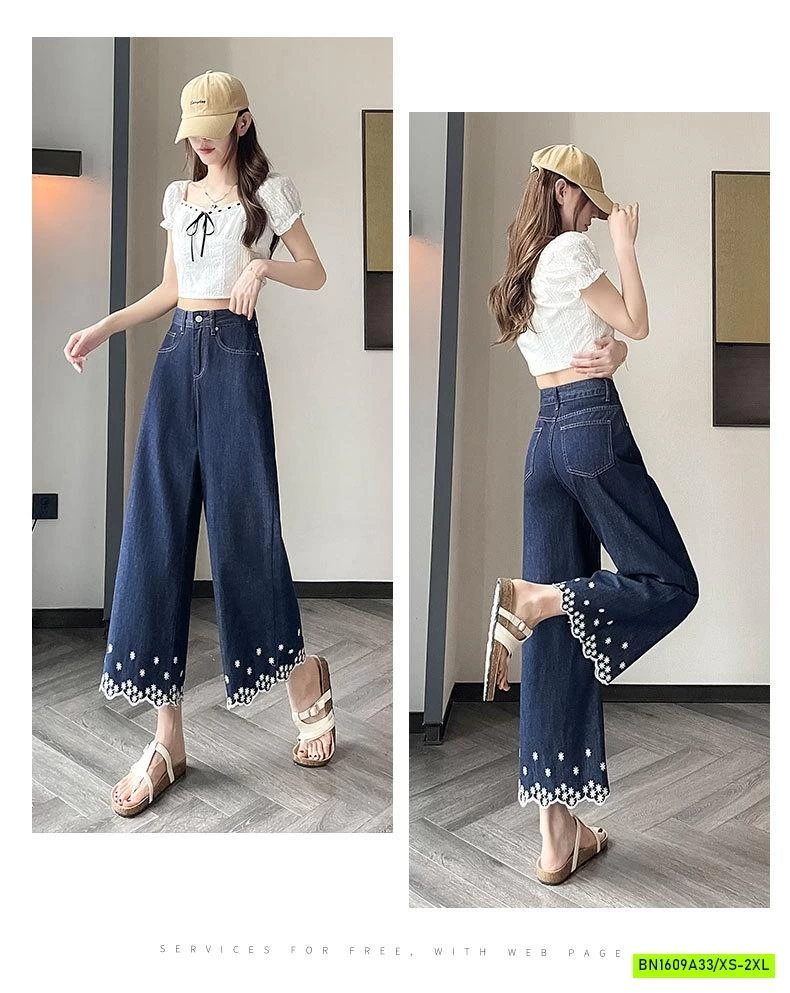 JEANS SUÔNG GẤU THÊU HOA