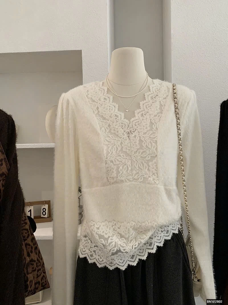 ÁO LÔNG CỔ V PHỐI REN NỮ