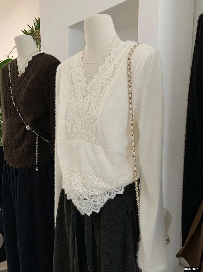 ÁO LÔNG CỔ V PHỐI REN NỮ