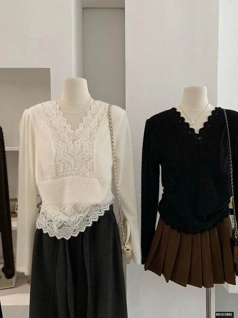 ÁO LÔNG CỔ V PHỐI REN NỮ