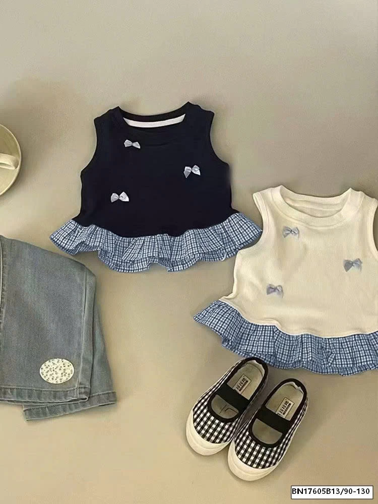 ÁO SÁT NÁCH KẺ CARO MIX NƠ BÉ GÁI