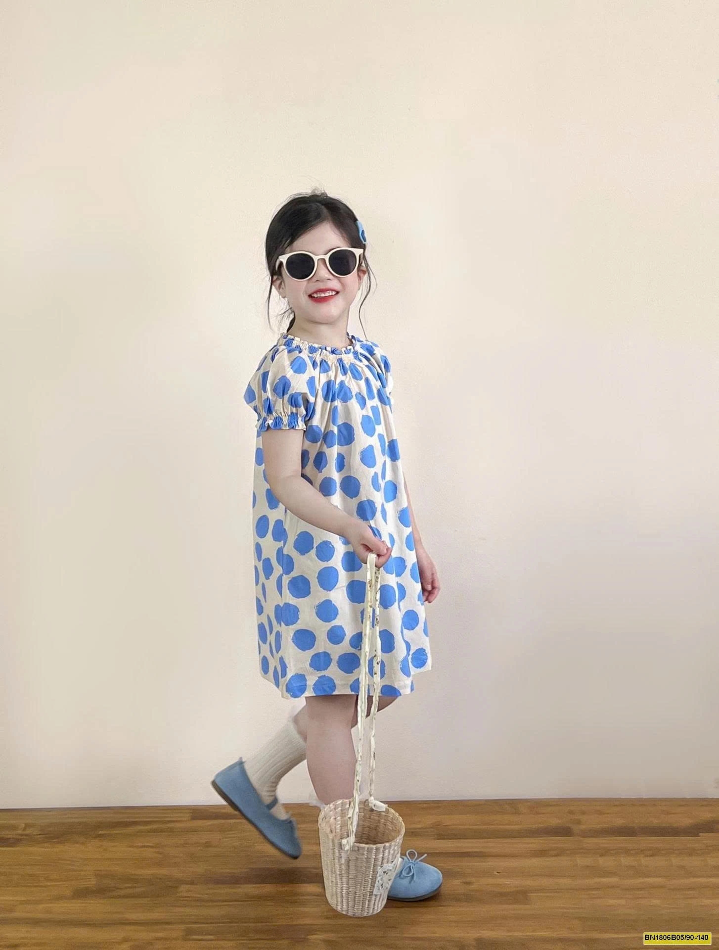 ĐẦM CHẤM BI XANH TAY BỒNG