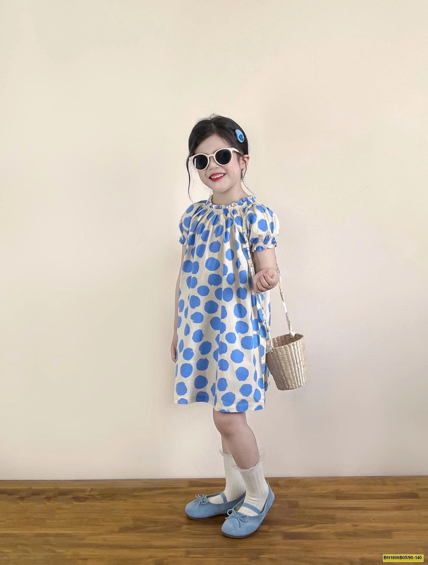 ĐẦM CHẤM BI XANH TAY BỒNG