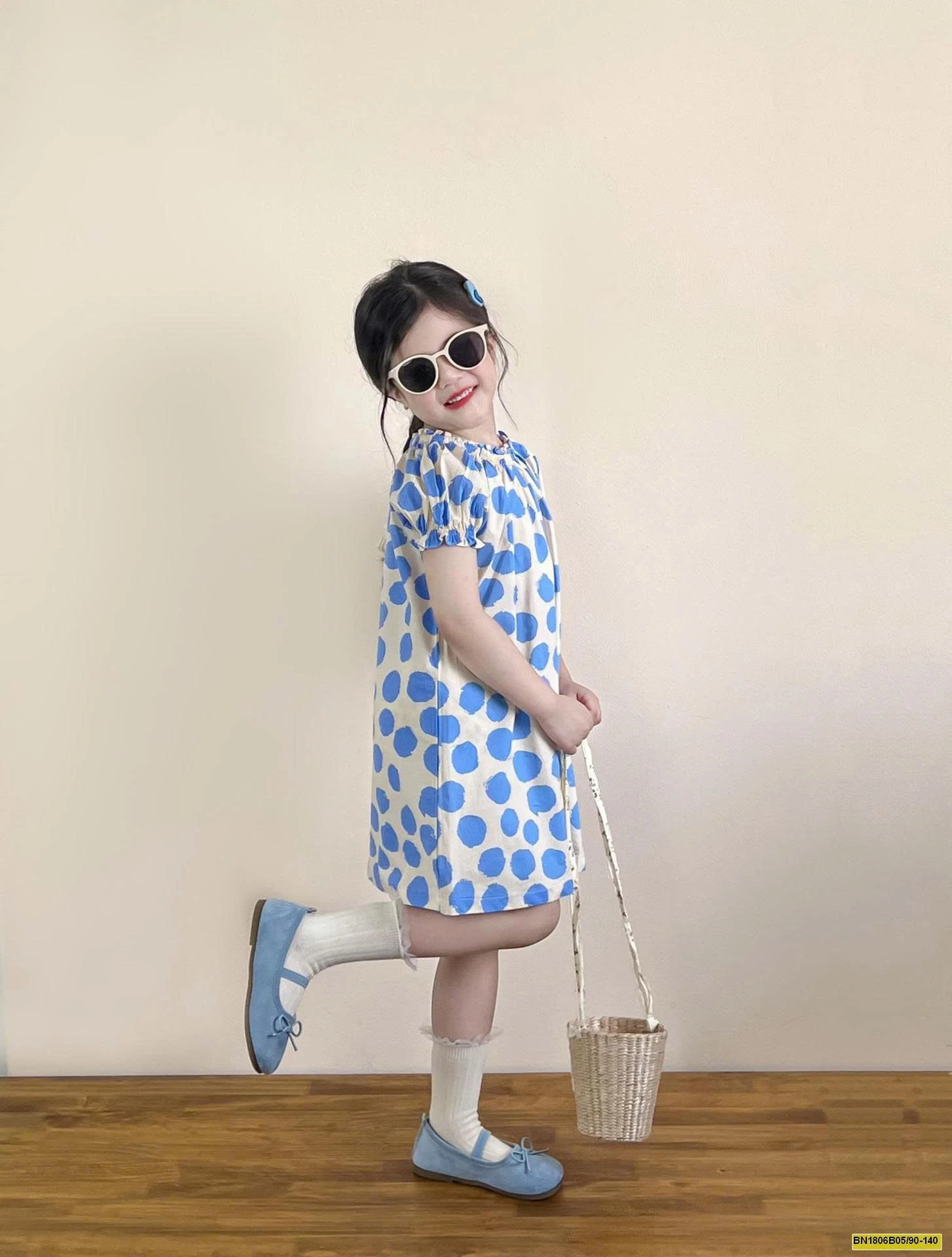 ĐẦM CHẤM BI XANH TAY BỒNG