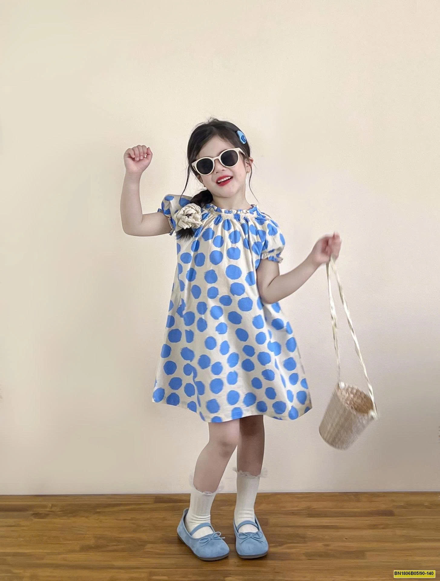 ĐẦM CHẤM BI XANH TAY BỒNG