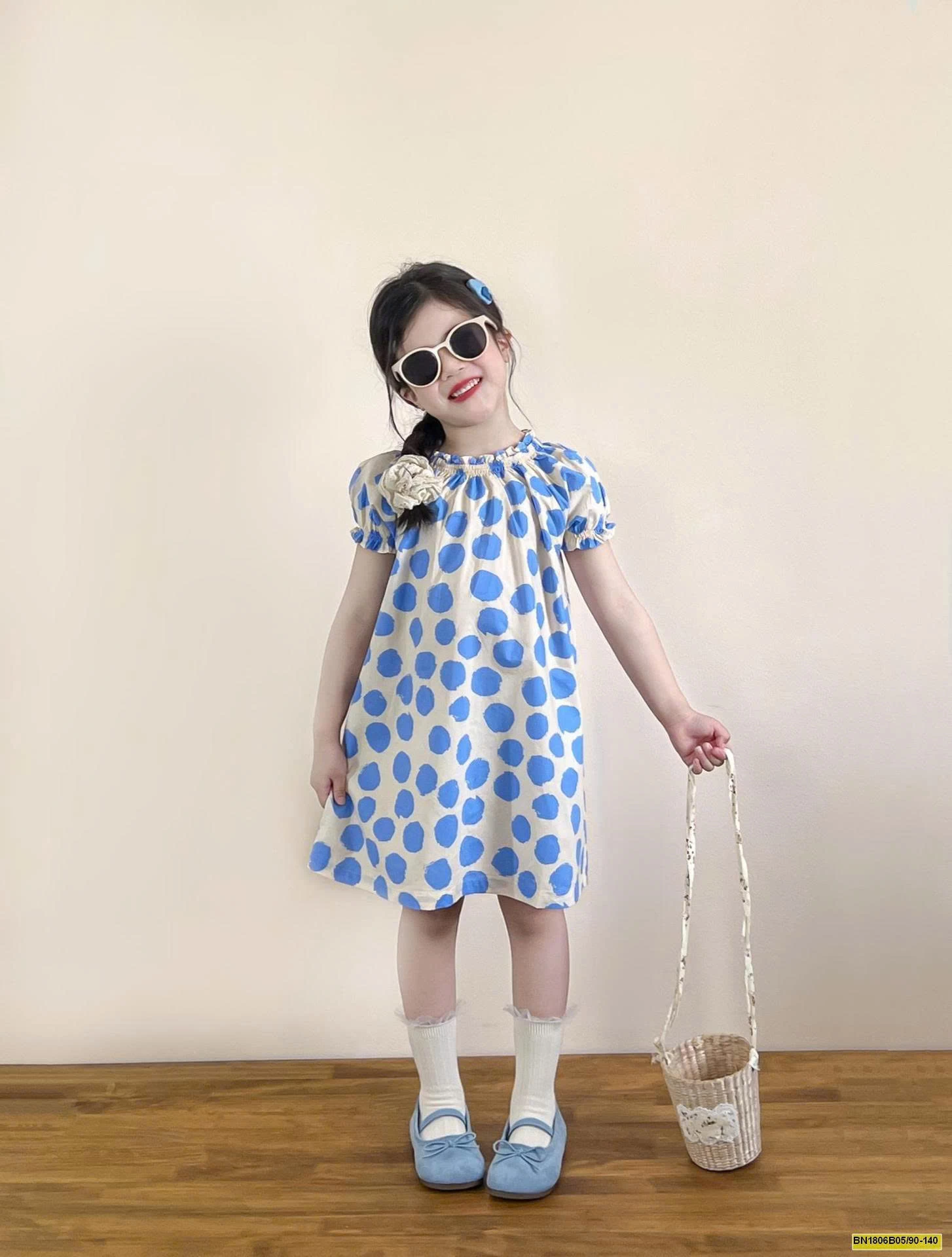 ĐẦM CHẤM BI XANH TAY BỒNG