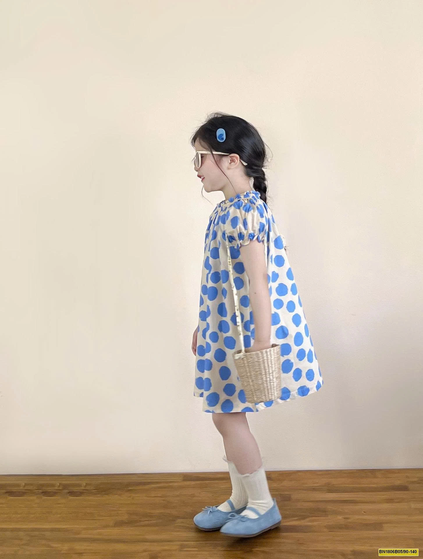 ĐẦM CHẤM BI XANH TAY BỒNG