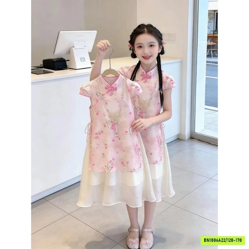 VÁY SƯỜN XÁM HOA HỒNG CÁCH TÂN