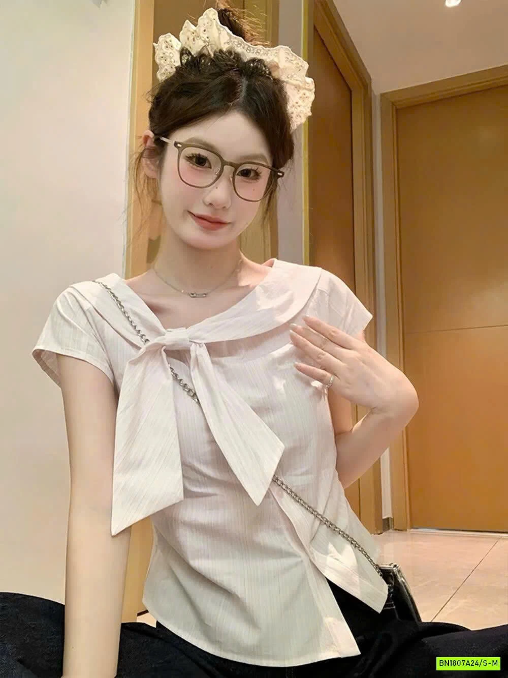 SƠ MI CARO CỔ LỆCH NƠ WGWE