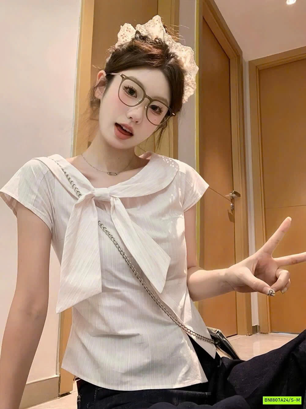 SƠ MI CARO CỔ LỆCH NƠ WGWE