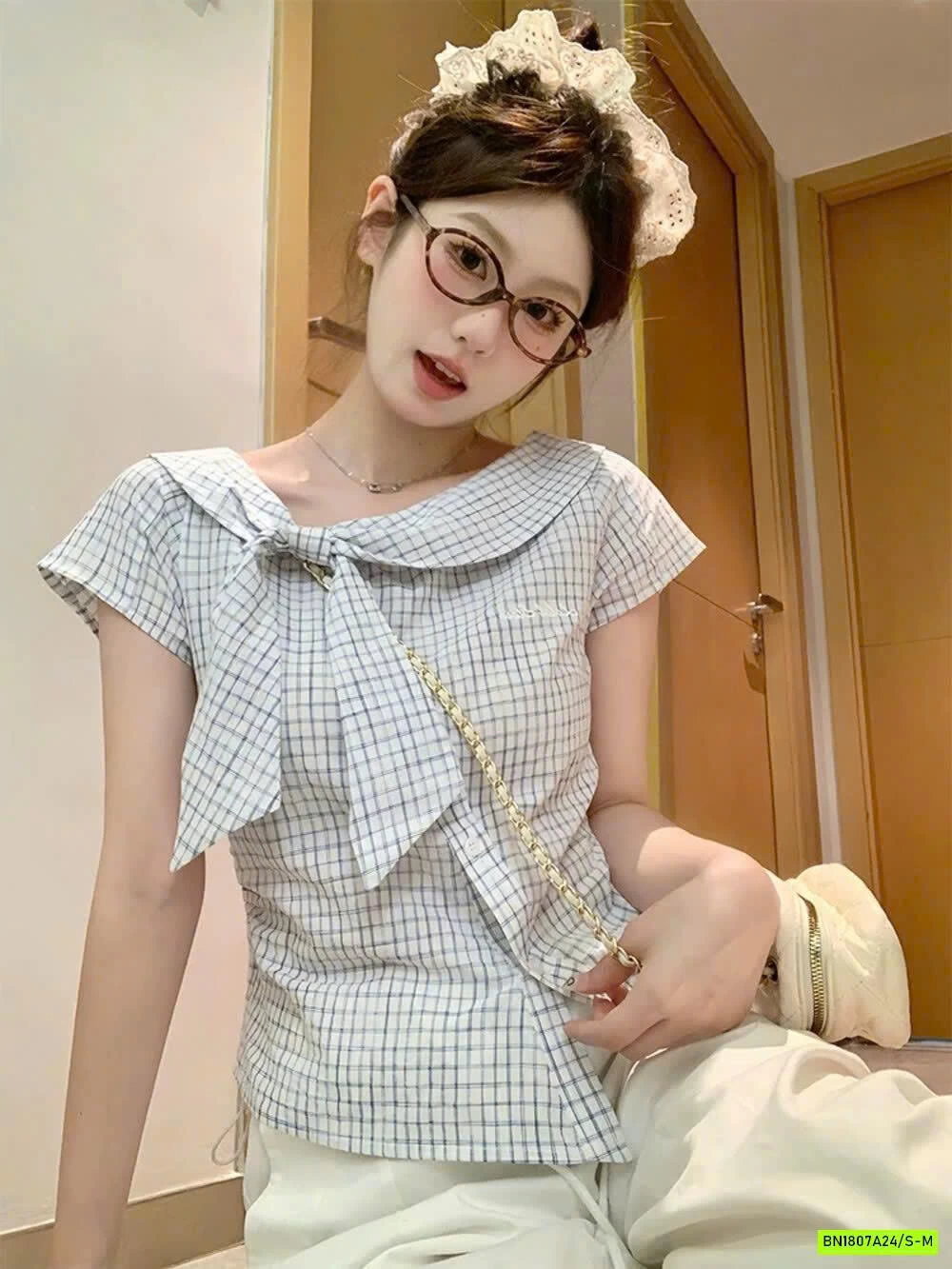 SƠ MI CARO CỔ LỆCH NƠ WGWE