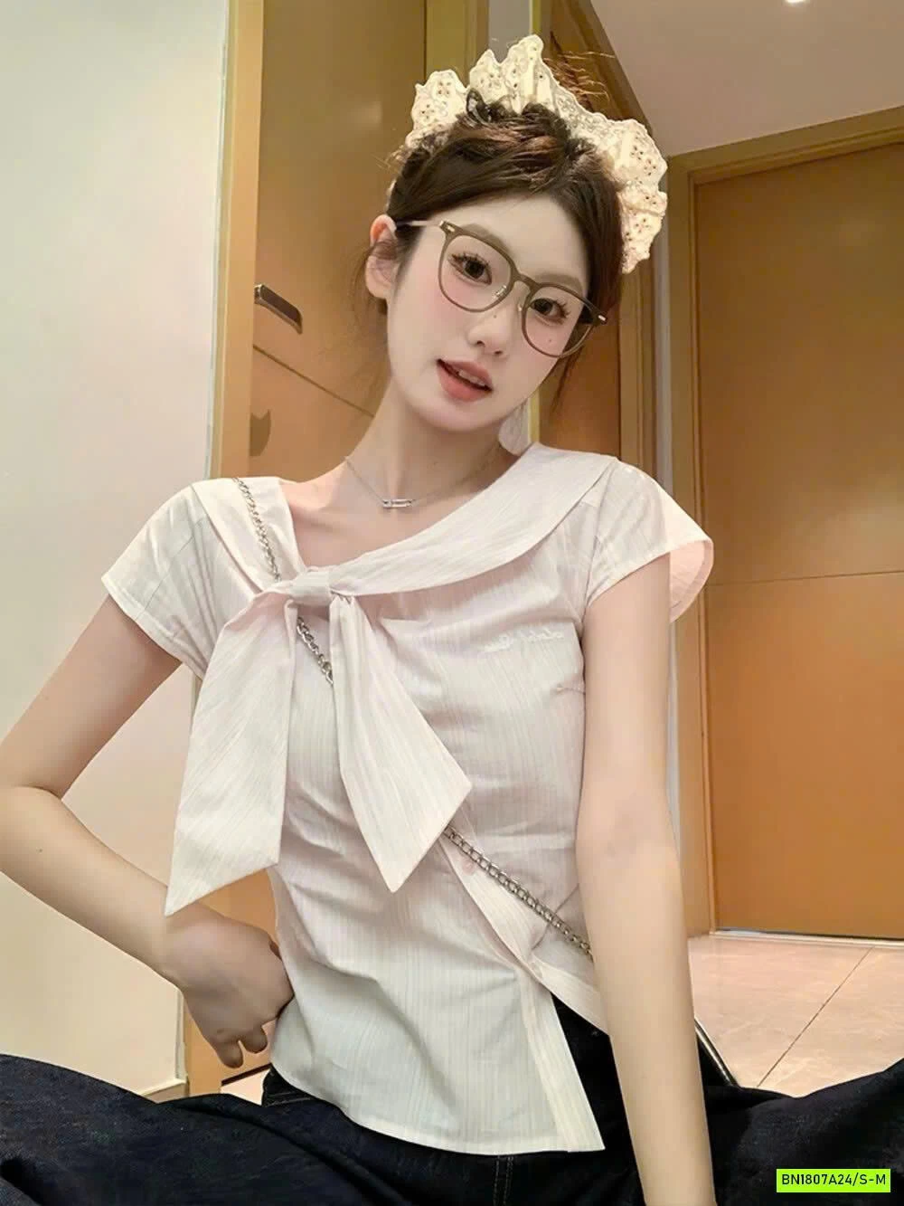 SƠ MI CARO CỔ LỆCH NƠ WGWE