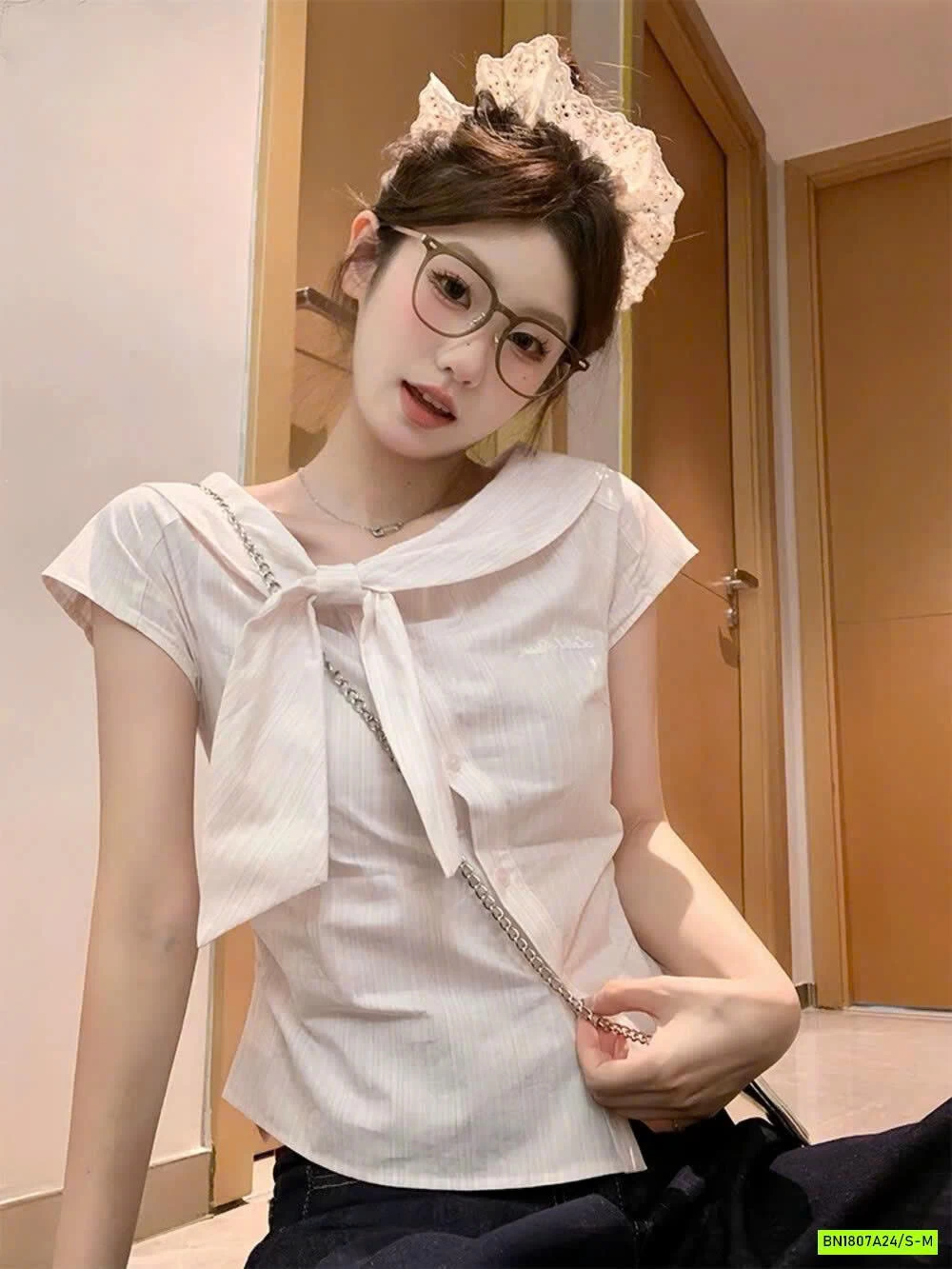 SƠ MI CARO CỔ LỆCH NƠ WGWE