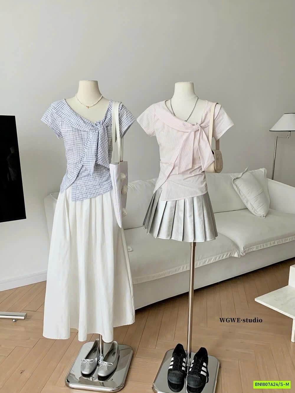 SƠ MI CARO CỔ LỆCH NƠ WGWE