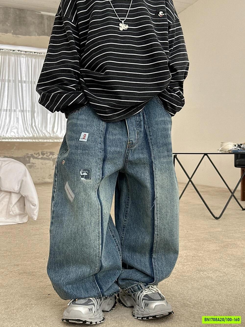 ÁO NỈ KẺ MIX JEANS BAGGY AFTE