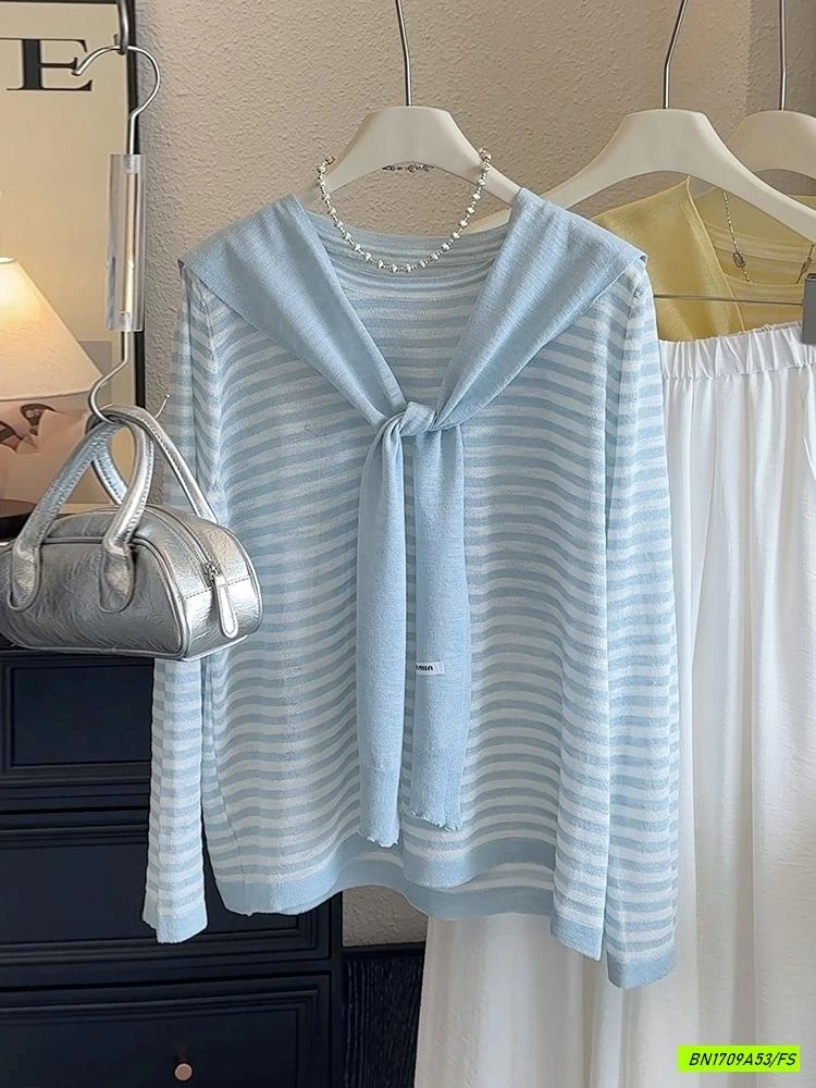 ÁO LEN DỆT KẺ NGANG KÈM KHĂN CHOÀNG