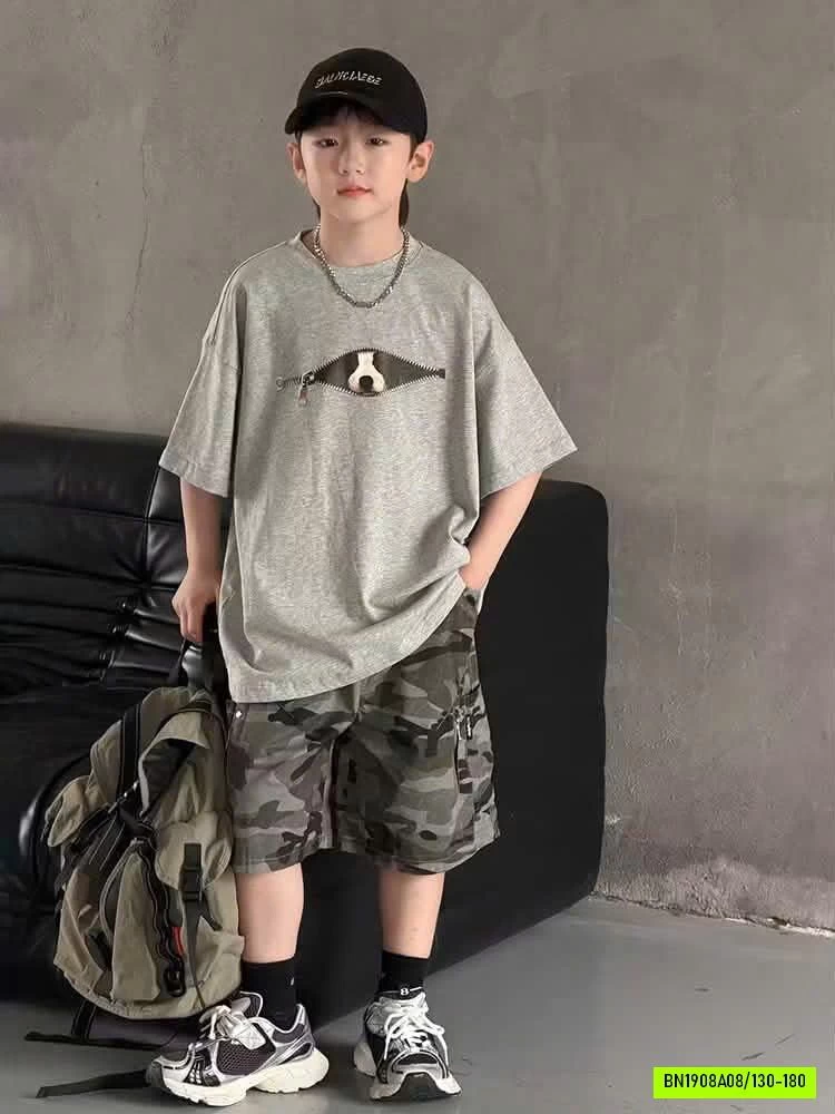 ÁO THUN XÁM MIX SHORT RẰN RI