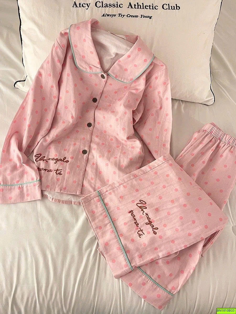 BỘ NGỦ PIJAMA CHẤM BI HỒNG VẢI THÔ