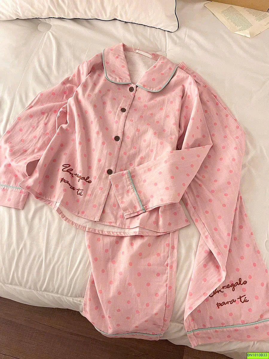 BỘ NGỦ PIJAMA CHẤM BI HỒNG VẢI THÔ