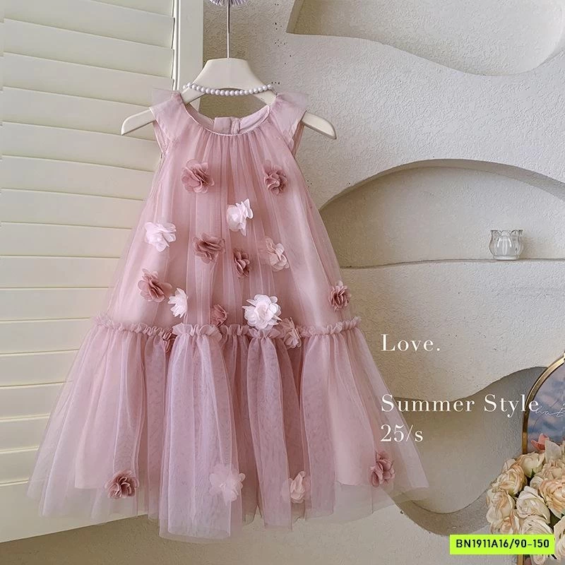 ĐẦM VOAN CỔ YẾM HOA HỒNG