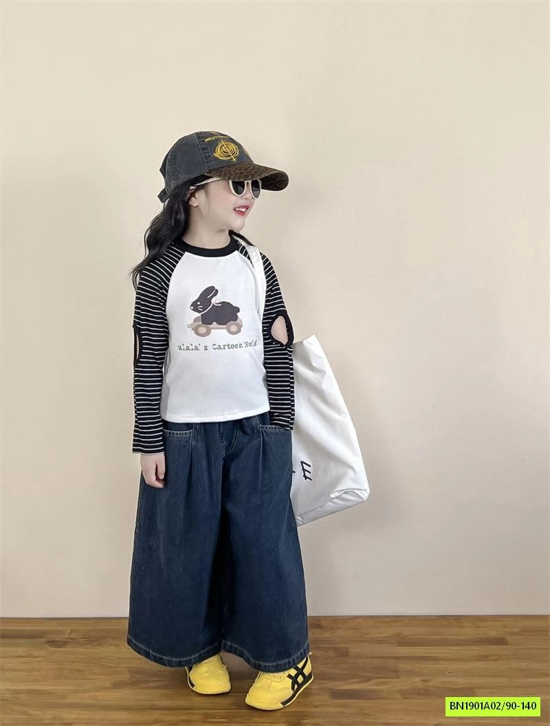 ÁO THUN THỎ TAY KẺ MIX JEANS ỐNG RỘNG