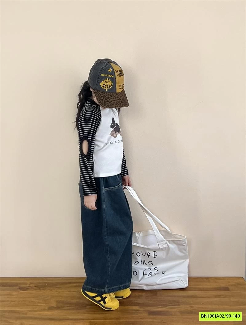 ÁO THUN THỎ TAY KẺ MIX JEANS ỐNG RỘNG