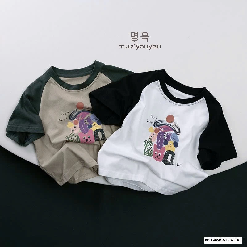 ÁO THUN HOẠT HÌNH PHỐI MÀU TAY HÀN QUỐC