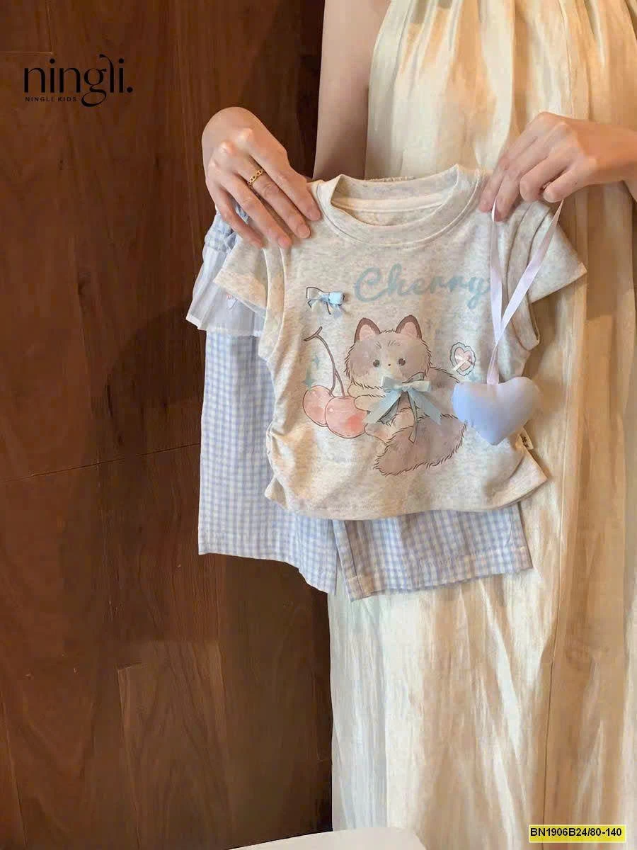 SET ÁO PHÔNG HỌA TIẾT MIX QUẦN KẺ NINGLI