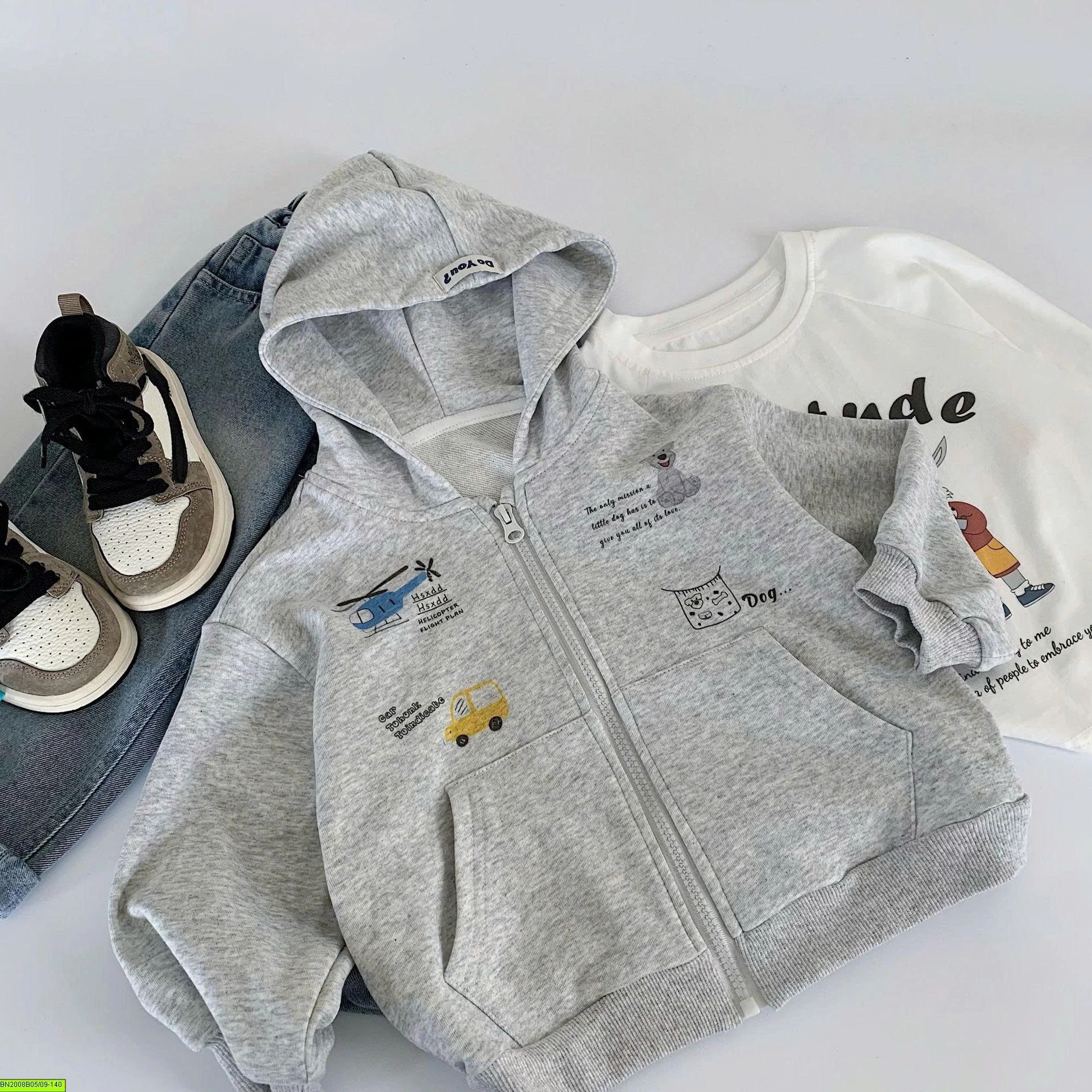 ÁO KHOÁC NỈ XÁM LIỀN MŨ IN HÌNH