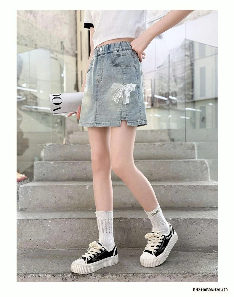 CHÂN VÁY JEAN BẠC MÀU ĐÍNH NƠ