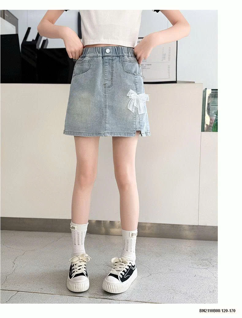 CHÂN VÁY JEAN BẠC MÀU ĐÍNH NƠ