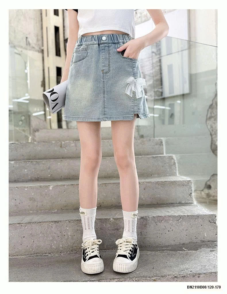 CHÂN VÁY JEAN BẠC MÀU ĐÍNH NƠ