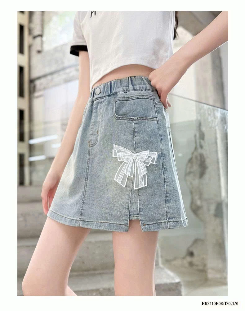 CHÂN VÁY JEAN BẠC MÀU ĐÍNH NƠ