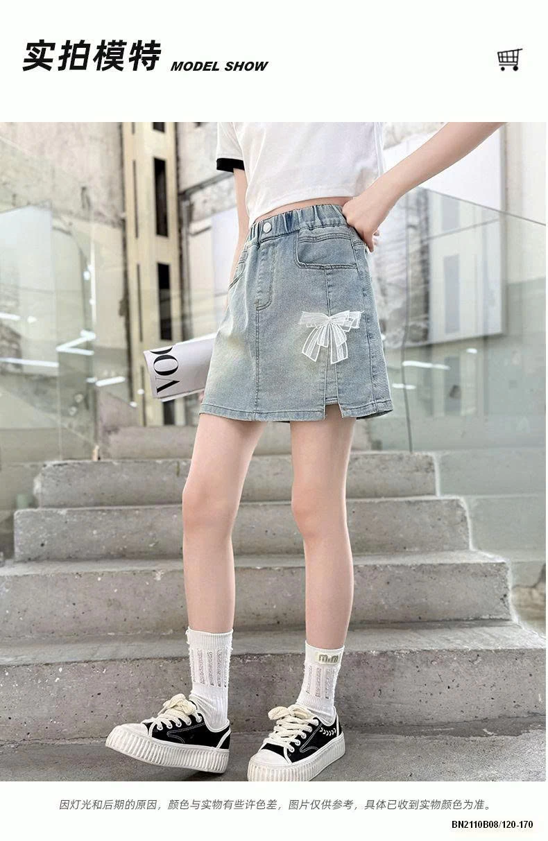 CHÂN VÁY JEAN BẠC MÀU ĐÍNH NƠ