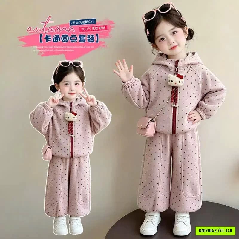 BỘ NỈ HỒNG CHẤM BI LIỀN MŨ BG