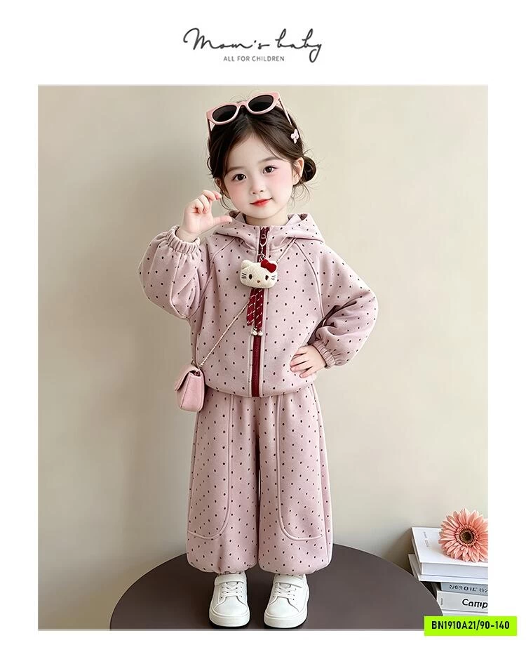 BỘ NỈ HỒNG CHẤM BI LIỀN MŨ BG