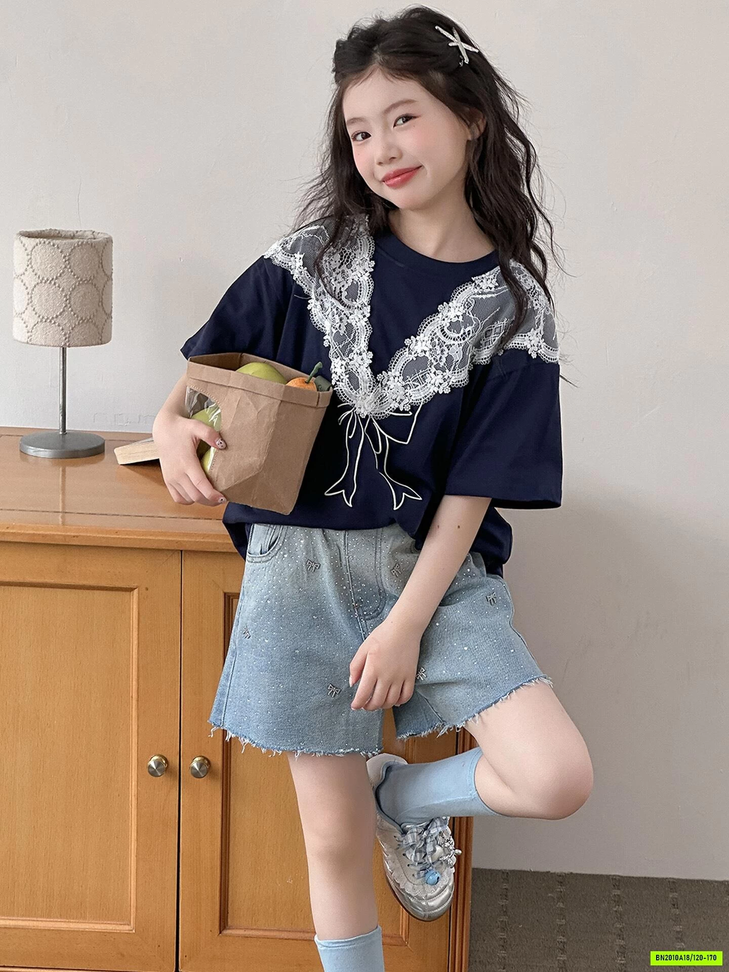 ÁO THUN PHỐI REN CHOÀNG MIX SHORT JEANS SZ ĐẠI