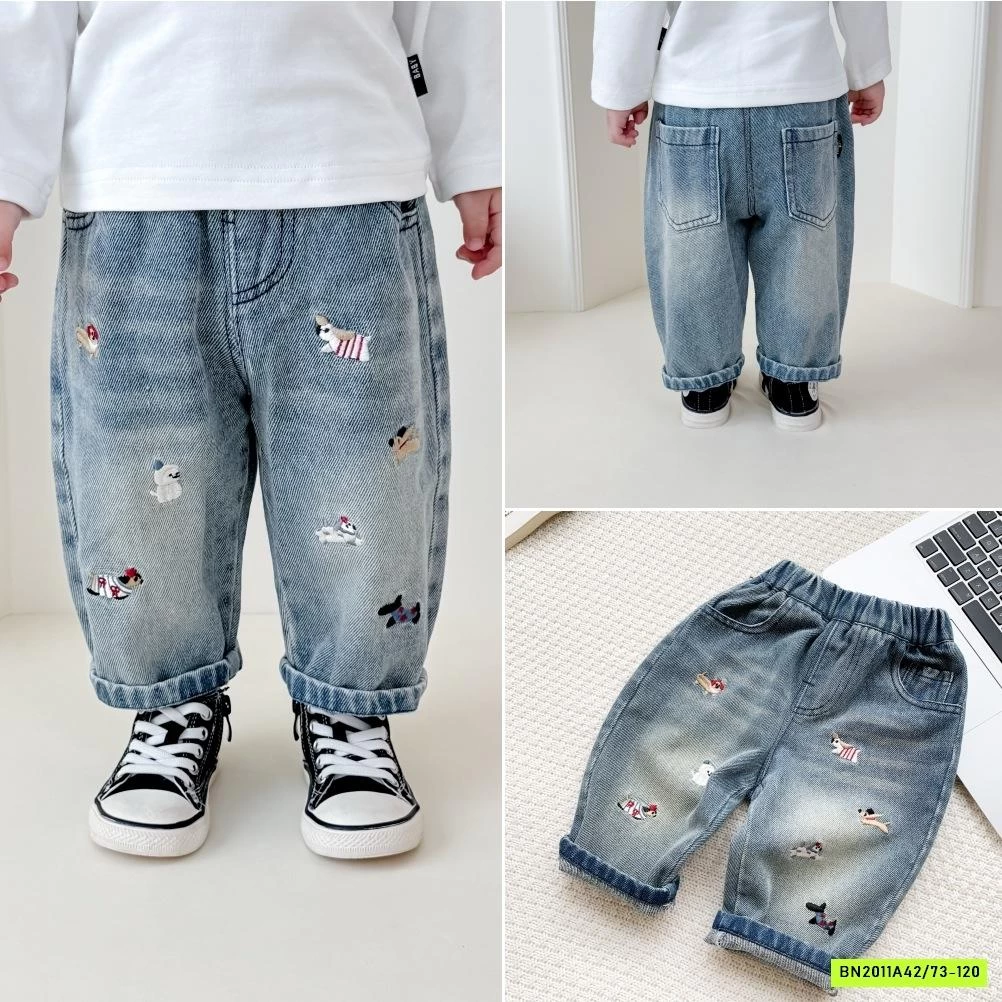 ÁO THUN TRẮNG MIX JEANS THÊU CÚN NHÍ