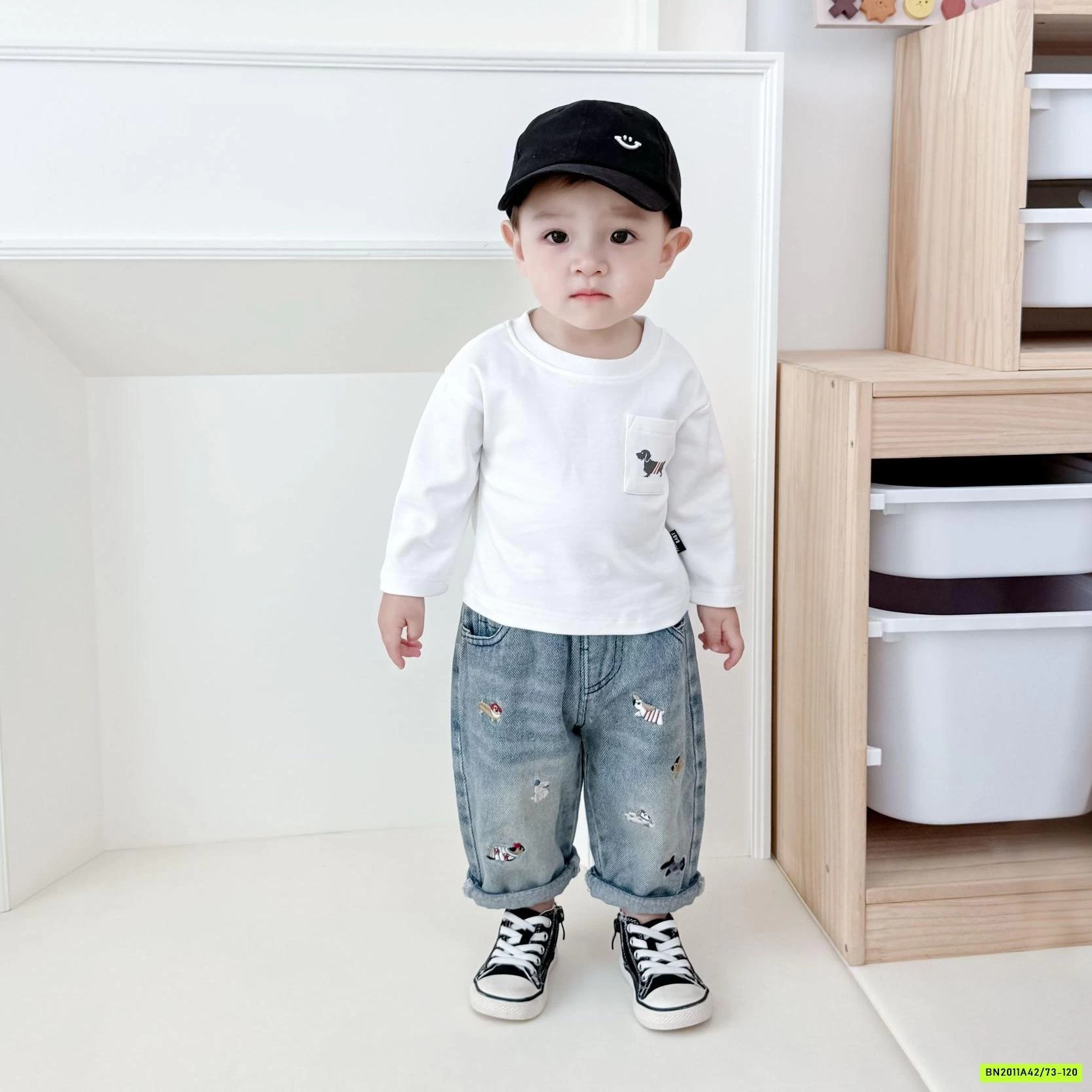 ÁO THUN TRẮNG MIX JEANS THÊU CÚN NHÍ