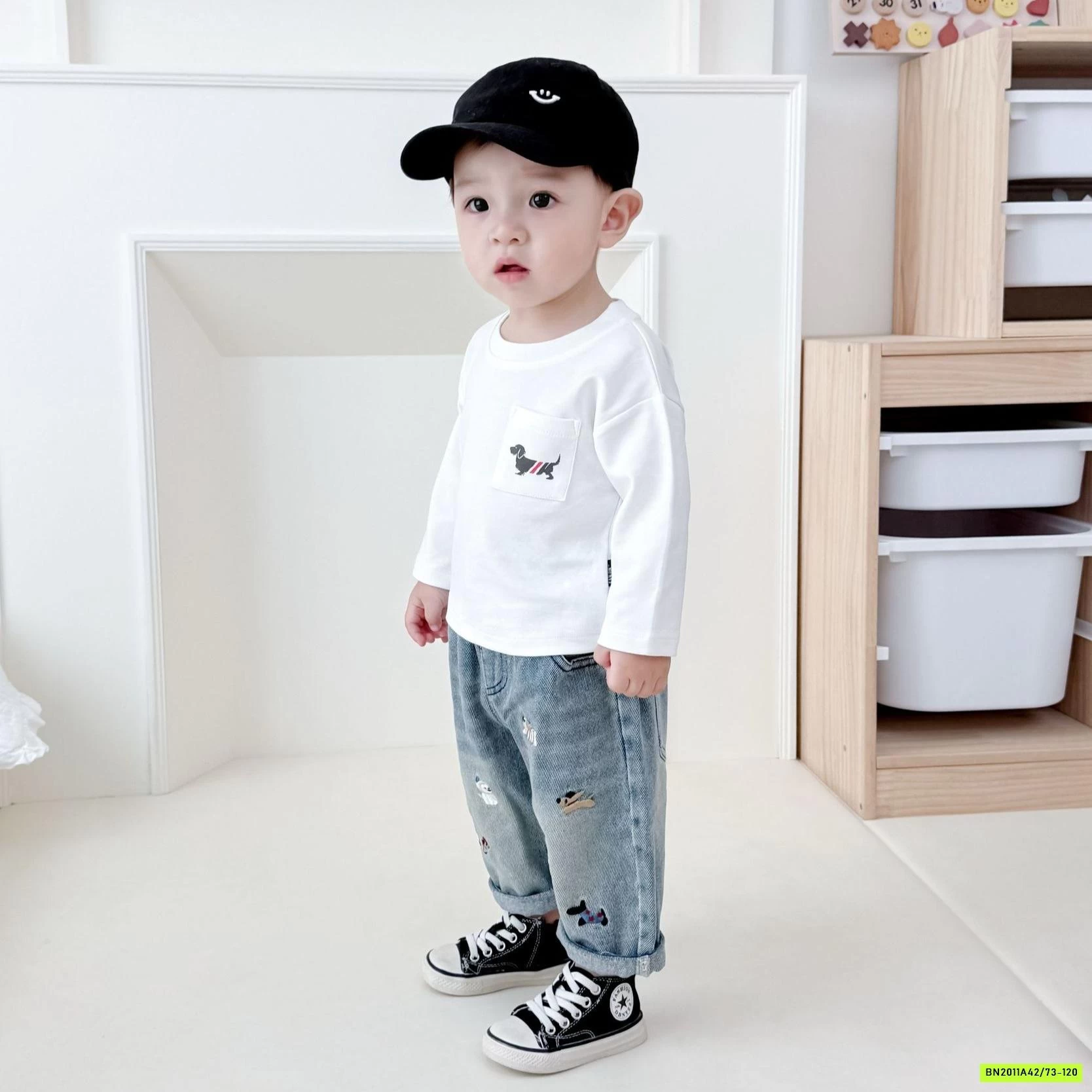 ÁO THUN TRẮNG MIX JEANS THÊU CÚN NHÍ