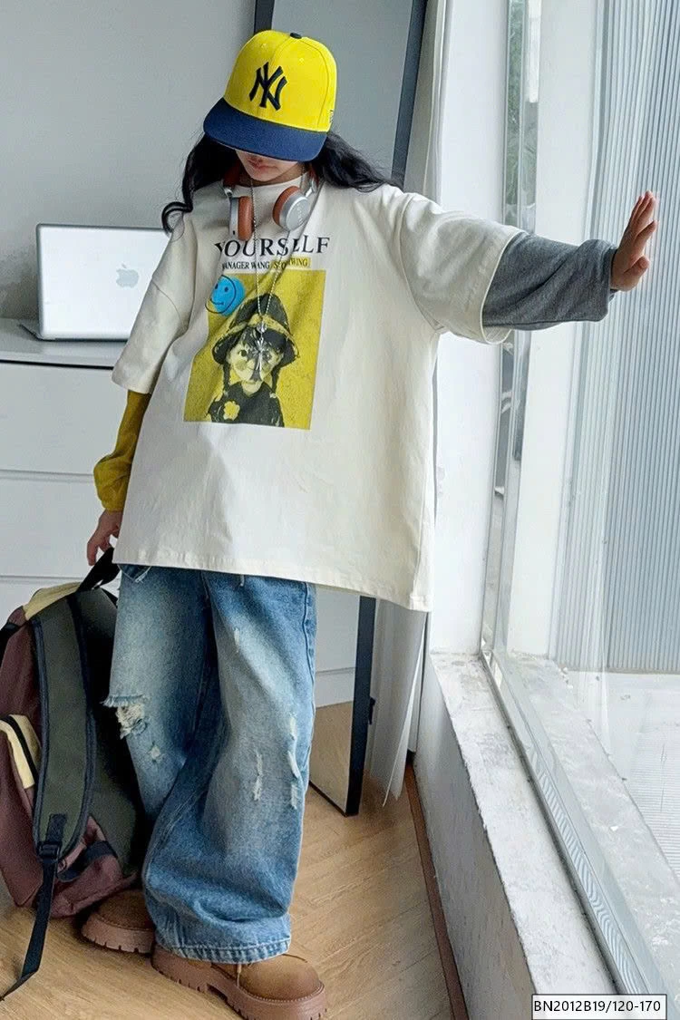 SÉT ÁO THUN CÔ GÁI TAY NỐI MIX QUẦN JEAN RÁCH GỐI