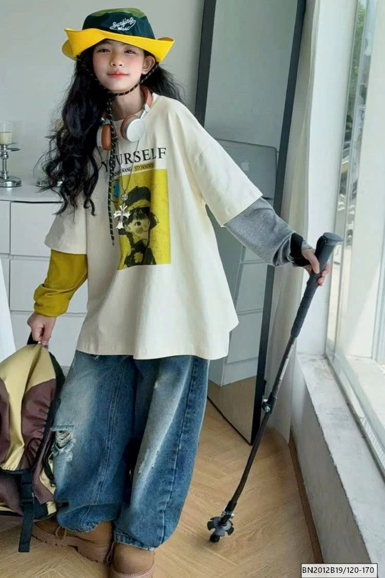 SÉT ÁO THUN CÔ GÁI TAY NỐI MIX QUẦN JEAN RÁCH GỐI