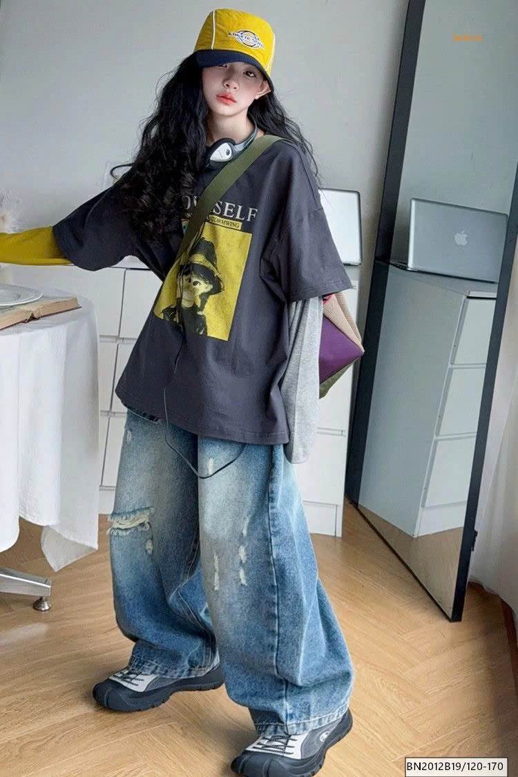 SÉT ÁO THUN CÔ GÁI TAY NỐI MIX QUẦN JEAN RÁCH GỐI