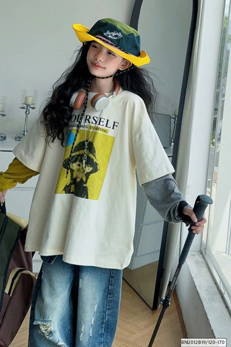 SÉT ÁO THUN CÔ GÁI TAY NỐI MIX QUẦN JEAN RÁCH GỐI